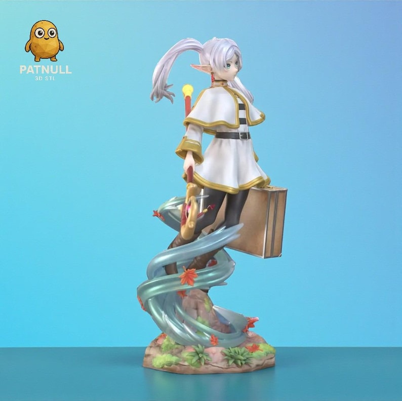 May include: A detailed figurine of a character with white hair, wearing a white and gold outfit, and carrying a suitcase. The figure stands on a stylized base with flowing water and autumn leaves. The Patnull 3D STL logo is in the upper left corner.