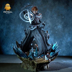 May include: A detailed figurine of an anime character in a dynamic pose, wielding a sword and surrounded by energy effects. The figure has red hair and is wearing a dark outfit. The base features blue crystal-like structures and the text "PATNULL 3D STL".