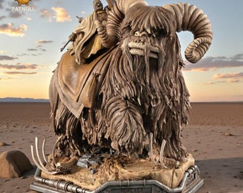 May include: A detailed statue of a large, furry creature with curved horns, ridden by a figure in flowing robes. The statue is set on a desert-like base with the text "PATNULL 3D STL". The color palette is primarily brown and tan.