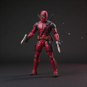 May include: A Deadpool action figure in a dynamic pose, clad in a red and black suit with a mask. The figure is holding two silver pistols and has two katanas on its back. The figure has a brown belt and pouches. The background is a dark gray.