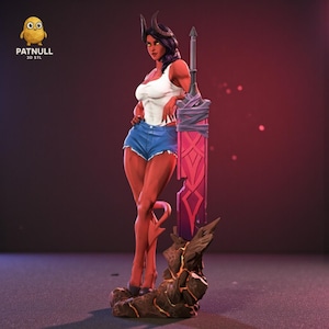 May include: A 3D-printed figurine of a female demon with red skin, black horns, and a tail. She wears a white tank top and blue denim shorts, leaning against a large pink sword. The base is a textured, rocky formation.