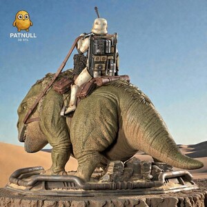 May include: A detailed figurine depicting a character in white armor riding a large, green dinosaur-like creature. The figurine is set against a desert backdrop. The text "PATNULL 3D STL" is visible.