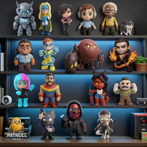 Pode incluir: Uma coleção de figuras coloridas e estilizadas, exibidas em prateleiras. As figuras representam vários personagens, incluindo super-heróis, robôs e criaturas fantásticas. A prateleira tem uma luz de néon azul. O texto "PATNULL 3D STL" é visível.