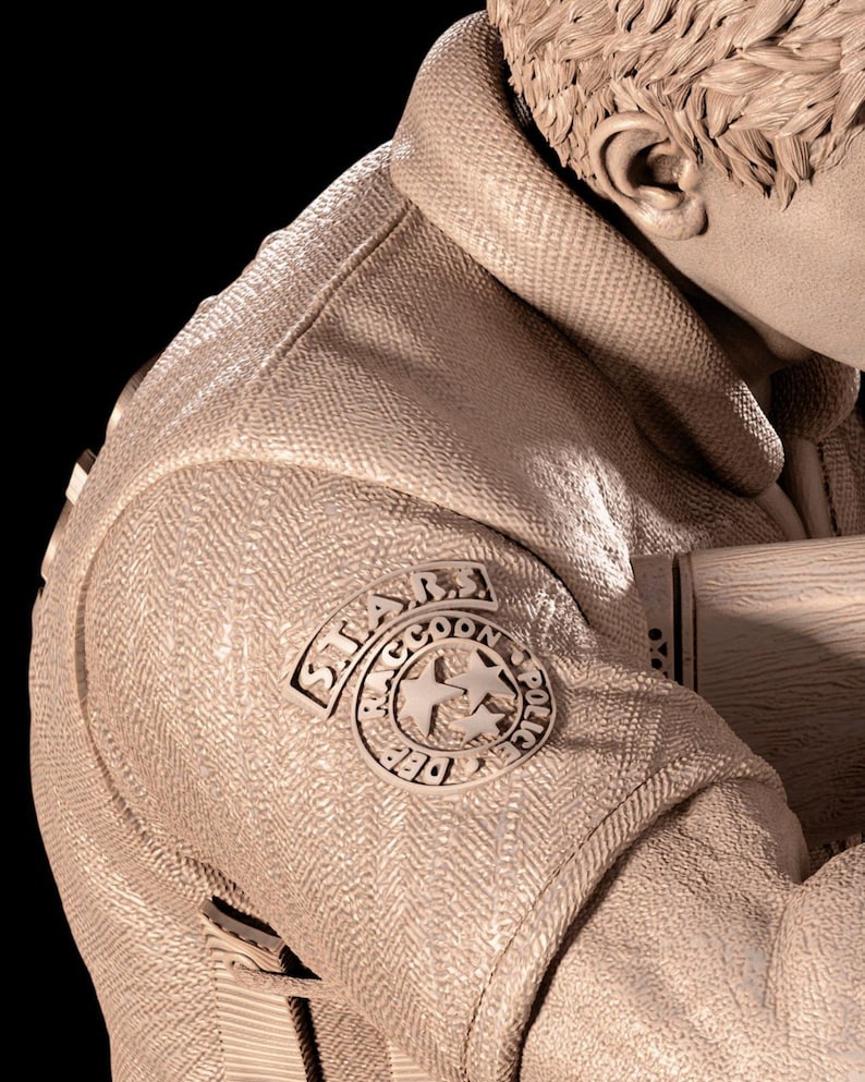 May include: A sculpture of a person wearing a jacket with a "STARS Raccoon Police DEP" patch. The jacket has a textured pattern and a high collar. The sculpture is in a neutral colour.