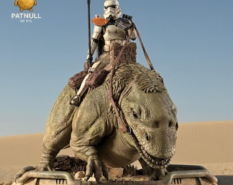 May include: A detailed 3D-printed model of a Star Wars Stormtrooper riding a Bantha-like creature in a desert setting. The Stormtrooper is in white armor with an orange shoulder pauldron. The creature is green and tan with detailed textures. The base has the text "PATNULL 3D STL".