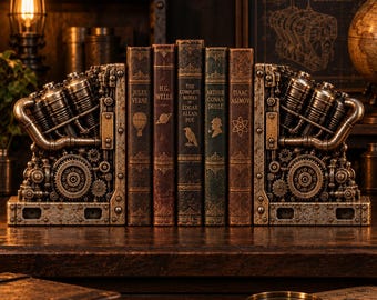 Steampunk Engine Bookend STL File | 3D Print Industrial Gear Book Holder