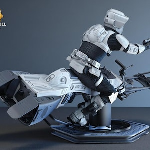 May include: A detailed 3D model of a futuristic soldier riding a speeder bike. The figure is clad in white and black armor, holding a blaster. The speeder bike is white and gray, with intricate mechanical details. The model is on a dark blue base.