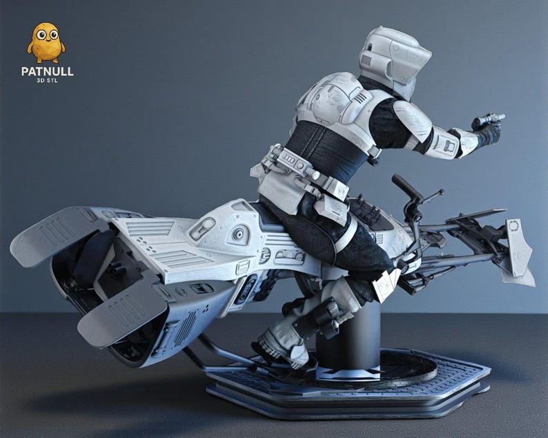May include: A detailed 3D model of a futuristic soldier riding a speeder bike. The figure is clad in white and black armor, holding a blaster. The speeder bike is white and gray, with intricate mechanical details. The model is on a dark blue base.