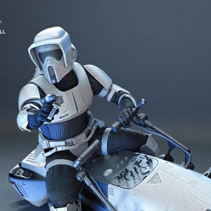 Könnte beinhalten: Detailliertes 3D-Modell eines Scout Troopers aus Star Wars auf einem Speederbike. Die Figur trägt eine weiße und schwarze Rüstung und hält eine Blasterpistole. Das Speederbike ist weiß und blau. Der Text "PATNULL 3D STL" ist sichtbar.