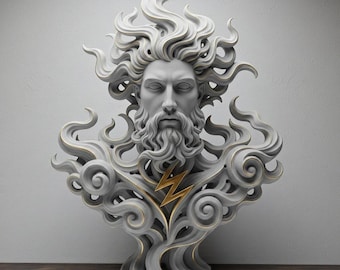 Modern Zeus Bust Sculpture – Ornamental Filigree Design, Luxury Greek Mythology Decor, Digital STL