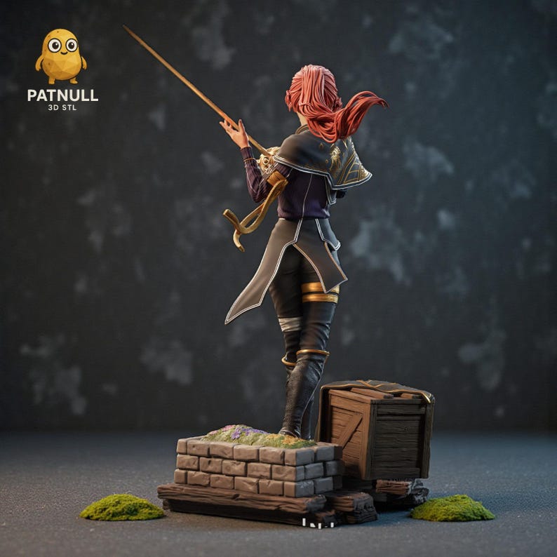 Puede incluir: Figura impresa en 3D de un personaje con cabello rojo, vistiendo un atuendo oscuro con detalles dorados, sosteniendo un largo bast&oacute;n. La figura se encuentra sobre una plataforma de ladrillo con un cofre de madera. El texto "PATNULL 3D STL" es visible.
