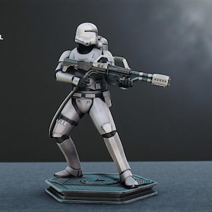 May include: A detailed, gray and white figurine of a Star Wars Stormtrooper holding a blaster rifle. The figure is standing on a hexagonal base with a detailed design. The figure is approximately 8 inches tall.