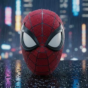May include: A red and black Spider-Man mask with white eye lenses. The mask has a web pattern and is textured. The background is a blurred cityscape with rain. The image includes the text "PATNULL 3D STL".
