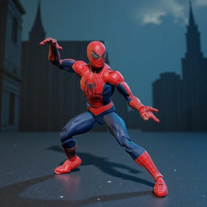 K&ouml;nnte beinhalten: Eine Spider-Man-Actionfigur in dynamischer Pose vor einer Stadtkulisse. Die Figur tr&auml;gt ein rot-blaues Kost&uuml;m mit Spinnennetzdetails und zeigt ein klassisches Superhelden-Design. Die Figur ist etwa 15 cm gro&szlig;.