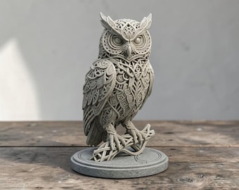 Ornate Owl Statue 3D STL File – Mandala Style Horned Owl Sculpture