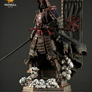 May include: A detailed statue of a samurai warrior in black and red armour, holding a katana. The figure stands on a decorative base with cloud-like accents. A banner with a red emblem is behind the warrior. The text "PATNULL 3D STL" is visible.