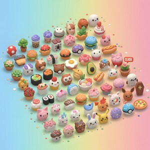 May include: A collection of colorful, miniature food and character figurines. The assortment includes sushi, burgers, cupcakes, and various cartoon characters. The figurines are arranged on a gradient background of blue, pink, and yellow.