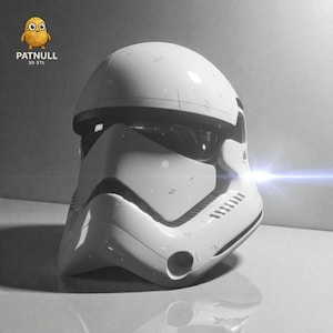 May include: A white Stormtrooper helmet with black detailing, showing signs of wear and tear. The helmet has a reflective surface and is set against a plain backdrop. The Patnull 3D STL logo is visible in the upper left corner.