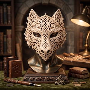 May include: A beige wolf mask featuring intricate, raised knotwork patterns, mounted on a dark bronze-colored bust. The mask displays detailed swirling carvings across the ears, forehead, and snout, resting on a rectangular wooden base with carved edges.