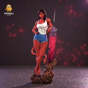 May include: A red-skinned demon woman figurine with horns, wearing a white tank top and blue jean shorts, leaning on a large red sword. The figurine is standing on a rocky base. The Patnull 3D STL logo is in the upper left corner.