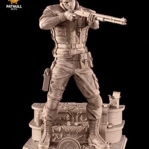 May include: A detailed figurine of a character from Resident Evil, holding a shotgun. The figure is dressed in tactical gear, standing on a platform with the game's logo. The figurine is a neutral colour and has intricate details.