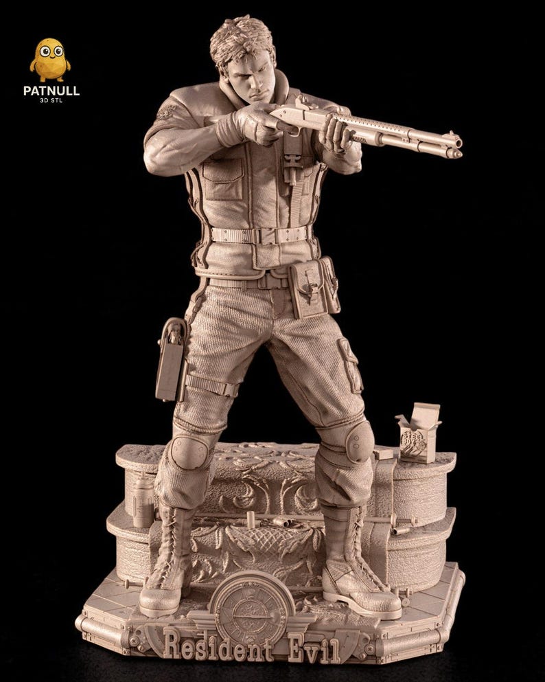 May include: A detailed figurine of a character from Resident Evil, holding a shotgun. The figure is dressed in tactical gear, standing on a platform with the game's logo. The figurine is a neutral colour and has intricate details.