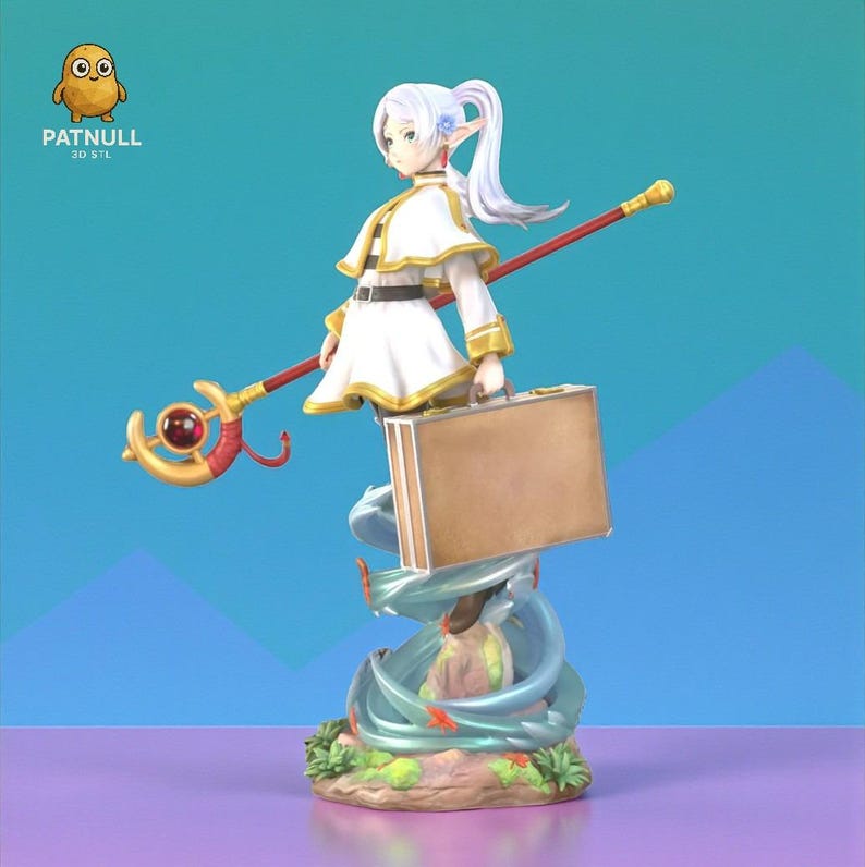 May include: A 3D-printed figurine of a female character with white hair, wearing a white and gold outfit, holding a staff and a suitcase. The figurine is standing on a swirling blue and green base with foliage. The logo "PATNULL 3D STL" is visible.