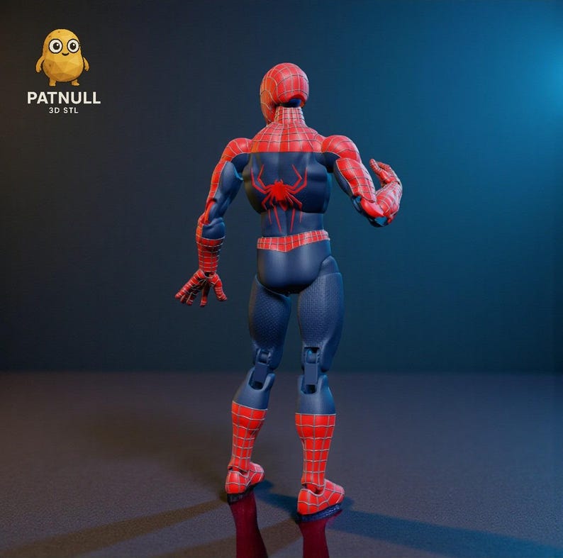 K&ouml;nnte beinhalten: Eine Spider-Man-Actionfigur, von hinten gesehen, mit detailliertem Kost&uuml;mdesign. Die Figur ist &uuml;berwiegend blau und rot, mit einem Spinnenemblem auf dem R&uuml;cken. Die Pose deutet auf Bewegung hin. Der Text "PATNULL 3D STL" ist sichtbar.