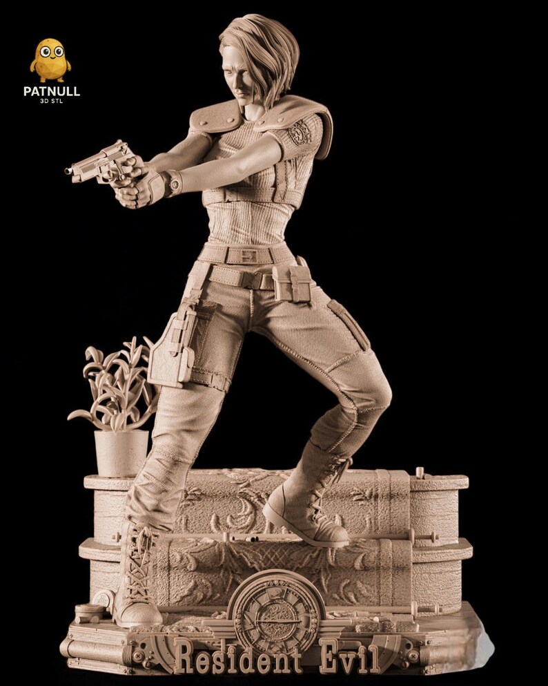 May include: A sepia-toned figurine of a woman in combat gear, holding a handgun. The figure is dynamically posed, with the text "Resident Evil" at the base. A small potted plant is also present in the scene.