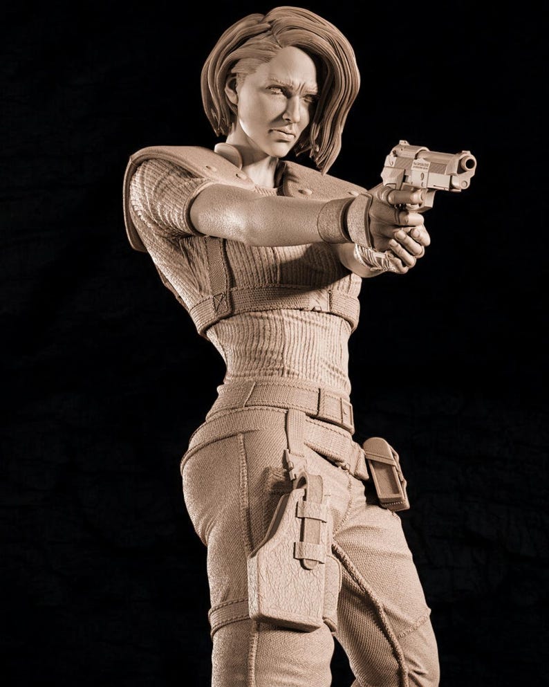 May include: A detailed sculpture of a person holding a handgun, dressed in tactical clothing. The figure has short hair and a determined expression. The outfit includes a ribbed top, tactical trousers, and a holster. The sculpture is in a neutral colour against a dark background.