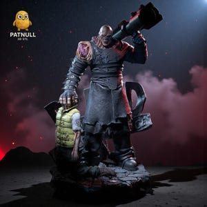 May include: A detailed statue of a menacing figure holding a rocket launcher, with a smaller figure at its feet. The larger figure is clad in dark armour, with exposed flesh and a grotesque face. The smaller figure wears a yellow vest. The base is a rocky terrain.