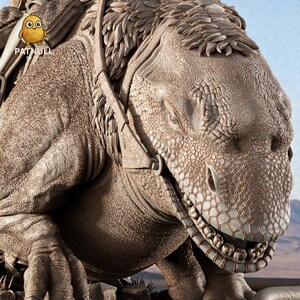 May include: A detailed sculpture of a reptilian creature with textured skin and a harness. The creature's head is in focus, showcasing intricate details of its scales and teeth. The sculpture is a neutral color, with a desert landscape in the background.
