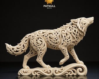 Detailed Nordic Wolf Sculpture STL | Ornate Viking Wolf Statue | Animal Figurine | Digital Download