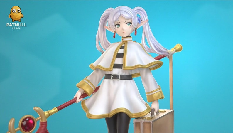 May include: A detailed figurine of a female anime character with long, light purple hair in pigtails. She wears a white dress with gold trim, a black belt, and black leggings. She holds a staff with a red gem and gold accents. The background is a solid teal color.