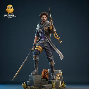 May include: A 3D STL model of a male character in a fantasy outfit, holding a sword and a weapon with a curved handle. The character is standing on a stone structure. The model has a black coat with gold accents, dark pants, and boots. The logo "PATNULL 3D STL" is in the top left corner.