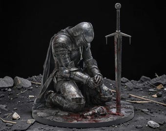 Dark Fantasy Kneeling Knight STL | Mourning Warrior Diorama 3D Printable Figure | Greatsword Miniature