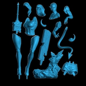 May include: A collection of light blue 3D-printed model parts, including a female torso, legs, arms, head, hair, horns, tail, and shorts. The parts are arranged against a black background, suggesting a fantasy or sci-fi theme.
