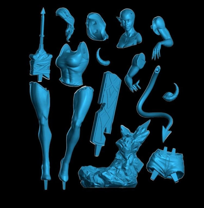 May include: A collection of light blue 3D-printed model parts, including a female torso, legs, arms, head, hair, horns, tail, and shorts. The parts are arranged against a black background, suggesting a fantasy or sci-fi theme.