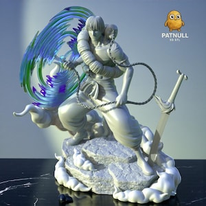 May include: A white 3D-printed figurine of a character in a dynamic pose, holding a chain and sword. The figure is on a rocky base with cloud-like details. A translucent blue and green energy effect emanates from behind the figure. The logo "PATNULL 3D STL" is visible.