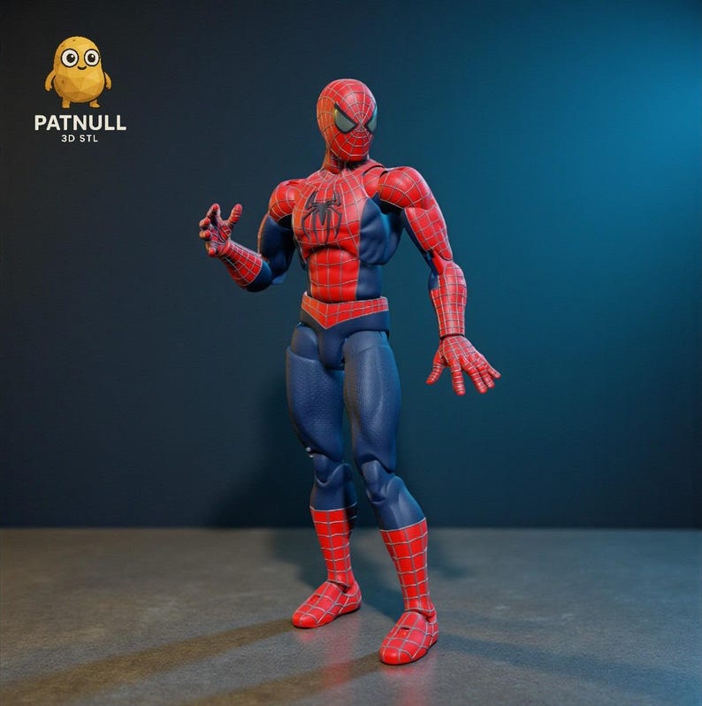 K&ouml;nnte beinhalten: Eine rot-blaue Spider-Man-Actionfigur. Die Figur befindet sich in einer dynamischen Pose, mit einer Hand erhoben. Das Kost&uuml;m hat ein Netzmuster auf den roten Abschnitten und ein Spinnenemblem auf der Brust. Text "PATNULL 3D STL".