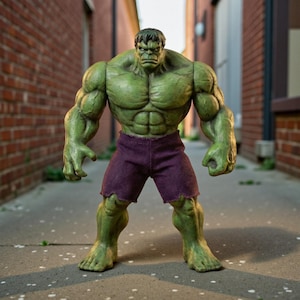 May include: A green Hulk action figure with a stern expression stands in a narrow alley. The figure has detailed musculature and wears purple shorts with a frayed hem. The figure is approximately 12 inches tall.