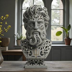 Puede incluir: Busto gris de un hombre barbudo con intrincados detalles calados. La escultura presenta una barba, cabello y pecho estilizados, con un símbolo de tridente. Expuesto sobre una mesa de madera, cerca de una ventana.