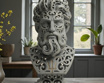 Modern Poseidon Bust Sculpture – Ornamental Filigree Design, Luxury Greek Mythology Decor, 3D STL Files