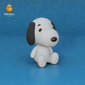 Peut inclure: Figurine blanche de Snoopy avec des oreilles et un nez noirs, assise sur un fond bleu. La figurine a une surface texturée et est en position assise. Le logo "PATNULL 3D STL" est dans le coin supérieur gauche.