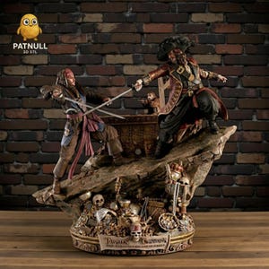 May include: A detailed figurine showing a sword fight between two pirates, one in a red coat and the other in a blue coat. The base is decorated with skulls, treasure, and the words "Pirates of the Caribbean". The figurine is set against a brick wall.