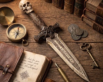 Necromancer Skull Knife 3D Print File | Gothic Dagger Prop STL | Viking Rune Short Sword