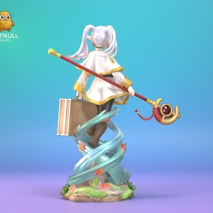 May include: A 3D-printed figurine of a character with white hair, wearing a white and gold outfit, and holding a staff. The figure is standing on a base with swirling blue accents and a brown briefcase. The Patnull 3D STL logo is in the top left corner.