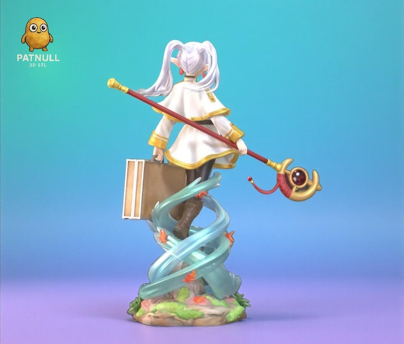 May include: A 3D-printed figurine of a character with white hair, wearing a white and gold outfit, and holding a staff. The figure is standing on a base with swirling blue accents and a brown briefcase. The Patnull 3D STL logo is in the top left corner.