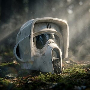 Puede incluir: Un casco blanco desgastado de Scout Trooper, un accesorio de una película de ciencia ficción, descansa sobre un lecho de musgo verde. El casco presenta una visera, detalles de ventilación y una correa para la barbilla. La imagen tiene un ambiente cinematográfico con iluminación suave y efectos atmosféricos.