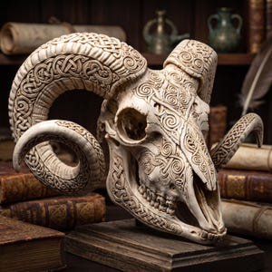 May include: An off-white ram skull sculpture featuring intricate, carved Celtic knotwork and spiral patterns across the bone surface. The skull is mounted on a rectangular wooden base, showcasing detailed horn textures and deep engravings.